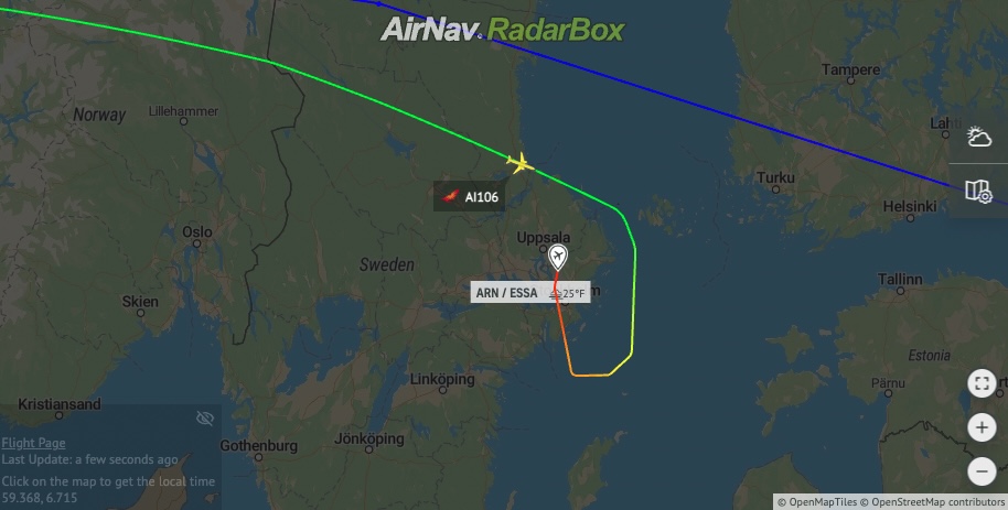 India flight #AI106 Newark made an emergency landing Sweden due to oil leak - AIRLIVE