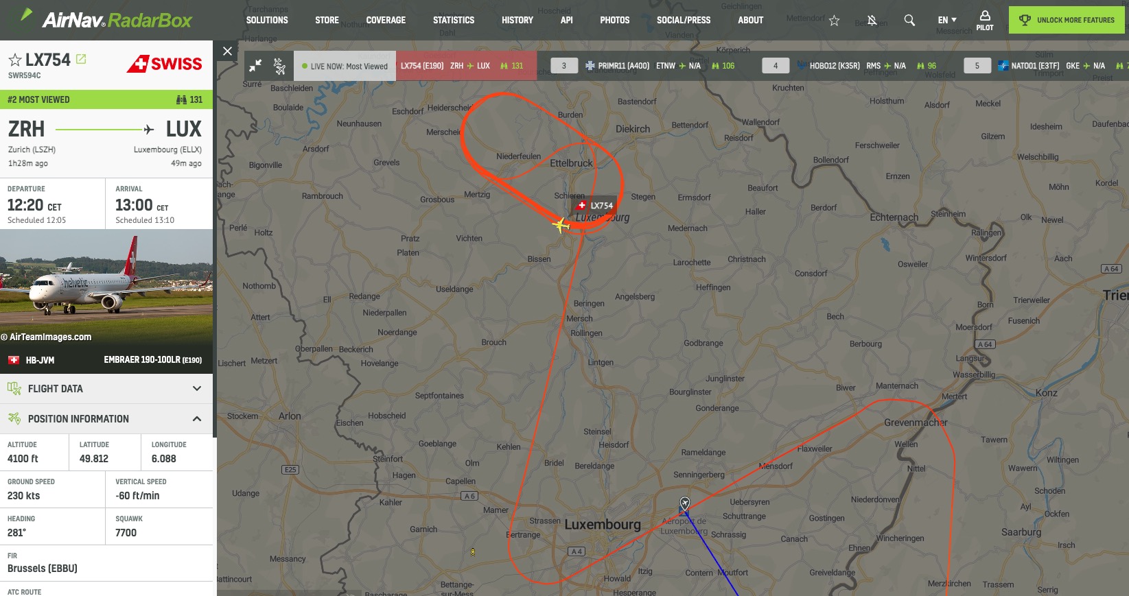 Swiss #LX754 to Luxembourg is holding and declaring an emergency