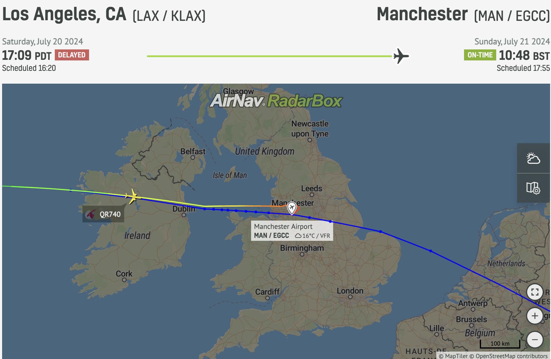 Qatar Airways flight #QR740 from Los Angeles diverted to Manchester, UK