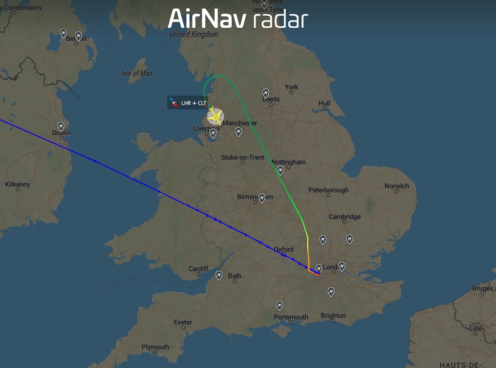 American Airlines flight AA735 to Charlotte is declaring an emergency and turning around over UK